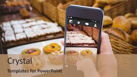 Presentation with bakery - PPT layouts enhanced with woman using her mobile phone against close up of basket with fresh bread and pastry close up of basket with fresh bread and pastry at the bakery background and a coral colored foreground