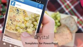  Presentation with lunch - PPT theme featuring woman using her mobile phone against overhead of lunch on picnic blanket background and a coral colored foreground