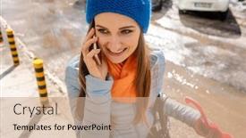  Presentation with walking - PPT theme having woman-using-her-phone-walking background and a coral colored foreground