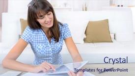  Presentation with study - Beautiful slide set featuring woman using her tablet to study backdrop and a lemonade colored foreground