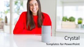  Presentation with voice assistant - Presentation enhanced with woman using home intelligent device background and a white colored foreground