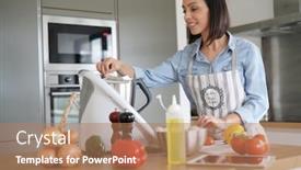  Presentation with robot - Presentation design with woman using kitchen robot to prepare dinner background and a coral colored foreground