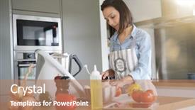  Presentation with robot - Presentation featuring woman using kitchen robot background and a coral colored foreground