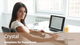  Presentation with laptop - Presentation enhanced with woman using laptop and analyzing background and a coral colored foreground