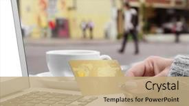  Presentation with online shopping - Presentation consisting of woman using laptop and credit background and a  colored foreground