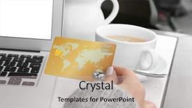  Presentation with online shopping - Beautiful slide set featuring woman using laptop and credit backdrop and a  colored foreground