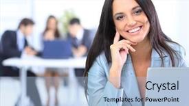  Presentation with work - Presentation having woman using laptop at work background and a light blue colored foreground