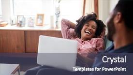  Presentation with entertainment - Amazing PPT theme having woman using laptop computer backdrop and a ocean colored foreground