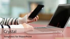  Presentation with computer - PPT layouts consisting of woman using laptop computer and cellphone background and a coral colored foreground