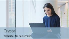  Presentation with university-building - Amazing theme having woman using laptop computer in university building backdrop and a light blue colored foreground