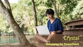  Presentation with laptop - Beautiful presentation design featuring woman-using-laptop-concept backdrop and a tawny brown colored foreground