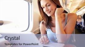  Presentation with train - Presentation theme having woman using laptop on train background and a light blue colored foreground