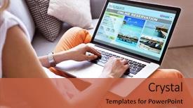  Presentation with hotel - Cool new PPT layouts with woman using laptop to book backdrop and a red colored foreground