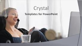  Presentation with laptop - PPT theme having woman-using-laptop-wearing-headset background and a white colored foreground