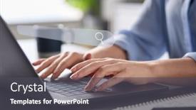  Presentation with search engine - PPT theme enhanced with woman-using-laptop-with-graphic background and a dark gray colored foreground