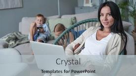  Presentation with woman child - Slide set having woman-using-laptop-with-interest background and a light blue colored foreground