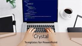 presentation powerpoint code Presentation with code - Colorful slide set enhanced with woman using laptop writing programming backdrop and a coral colored foreground