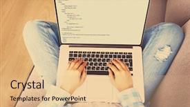  Presentation with programming - PPT layouts having woman using laptop writing programming background and a coral colored foreground