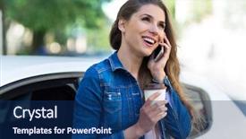  Presentation with phone - Colorful slide deck enhanced with woman using mobile phone near backdrop and a navy blue colored foreground