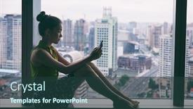  Presentation with online app - Presentation theme with woman-using-mobile-phone-relaxing background and a tawny brown colored foreground