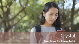  Presentation with sms - Amazing presentation theme having woman-using-mobile-phone backdrop and a violet colored foreground