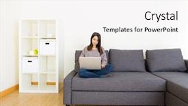  Presentation with notebook - PPT theme enhanced with woman using notebook at home background and a white colored foreground