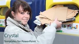  Presentation with pulp paper industry - Cool new slide deck with woman using paper recycling bin backdrop and a sky blue colored foreground