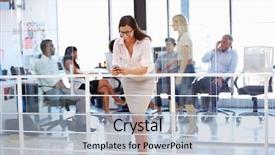  Presentation with phone meeting - Beautiful PPT layouts featuring woman using phone during office meeting backdrop and a light blue colored foreground