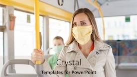  Presentation with public transport - Amazing PPT theme having woman-using-public-transport-during backdrop and a mint green colored foreground