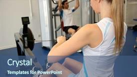  Presentation with rowing - Slide deck enhanced with woman using rowing equipment in gym center background and a ocean colored foreground