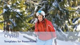  Presentation with lift - Presentation theme consisting of woman using ski lift at snowy resort winter vacation background and a sky blue colored foreground