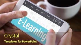  Presentation with learning - PPT theme featuring woman-using-smartphone-against-e background and a tawny brown colored foreground