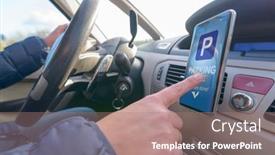  Presentation with smartphone app - Presentation with woman-using-smartphone-app background and a coral colored foreground