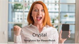  Presentation with celebrate office success - Audience pleasing PPT layouts consisting of woman using smartphone at home backdrop and a  colored foreground