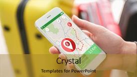  Presentation with application - Presentation design consisting of woman using smartphone map application background and a gold colored foreground