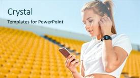  Presentation with sports - Presentation design consisting of woman using smartphone on stadium background and a cool aqua colored foreground