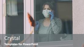  Presentation with epidemic - Amazing presentation theme having woman-using-smartphone-wearing backdrop and a gray colored foreground