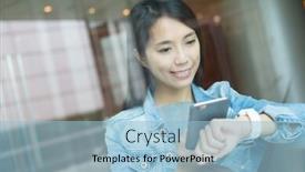  Presentation with smartwatch - Cool new theme with woman-using-smartwatch-and-connect backdrop and a light blue colored foreground