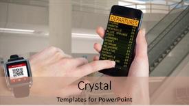  Presentation with smartwatch - PPT theme enhanced with woman using smartwatch and phone against airport terminal background and a coral colored foreground