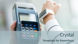  Presentation with pay - Amazing presentation design having woman-using-smartwatch-to-pay backdrop and a light blue colored foreground
