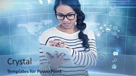  Presentation with science futuristic technology abstract - PPT layouts having woman using tablet against futuristic background and a light blue colored foreground