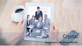  Presentation with meeting table - Audience pleasing PPT layouts consisting of woman using tablet computer at table against happy business group having a meeting backdrop and a light blue colored foreground
