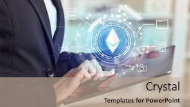  Presentation with bitcoin network - Colorful presentation enhanced with woman using tablet in home backdrop and a mint green colored foreground