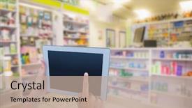  Presentation with drugs - Slide deck featuring woman using tablet pc against close up of shelves of drugs background and a mint green colored foreground