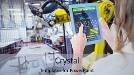  Presentation with manufacturing - Amazing PPT theme having woman using tablet pc backdrop and a light blue colored foreground