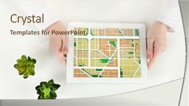  Presentation with gps - Beautiful slide deck featuring woman using tablet with map backdrop and a sky blue colored foreground