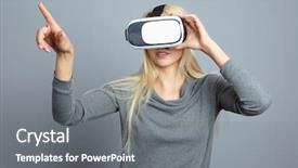  Presentation with virtual reality - Beautiful PPT layouts featuring woman using the virtual reality backdrop and a  colored foreground