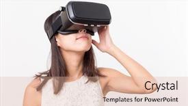  Presentation with virtual - PPT layouts having woman using virtual reality device background and a coral colored foreground