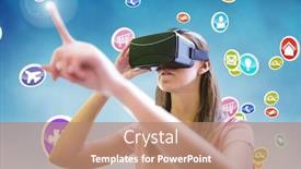  Presentation with virtual - Presentation design with woman-using-virtual-reality-headset background and a coral colored foreground