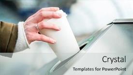  Presentation with coffee container - Theme enhanced with woman using waste separation container background and a light gray colored foreground